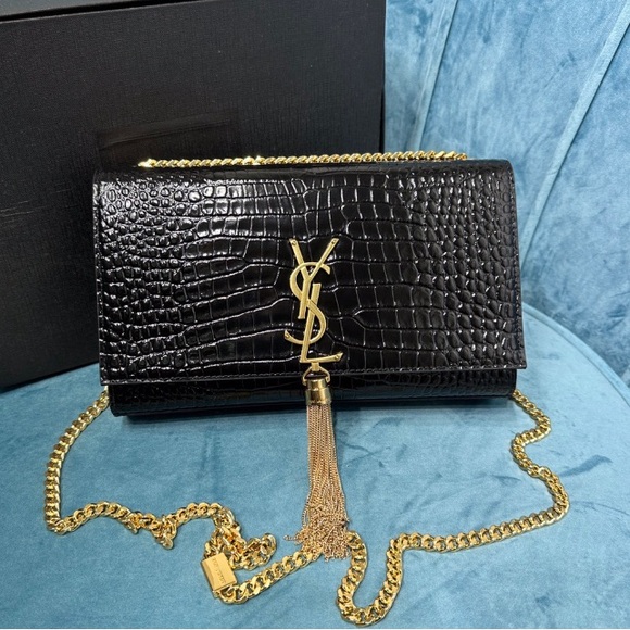 Yves Saint Laurent Handbags - Yves Saint Laurent Black Croc-Embossed Leather Bag with Gold Chain